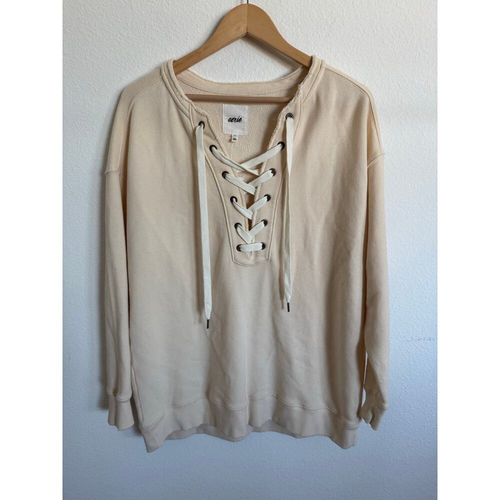 Aerie Womens Oversized Sweathershirt New Size Small Ivory Lace Up Cozy